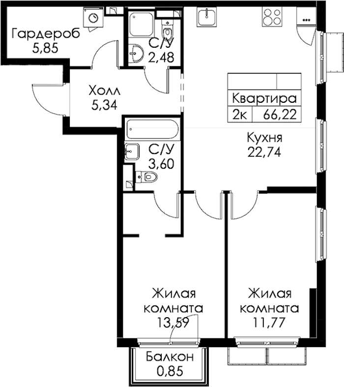 2-комнатная квартира 66.22 м², 15/15 эт., ЖК «Янинский лес»